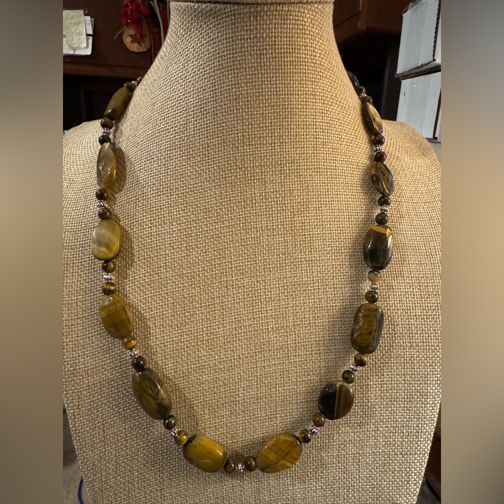 Tiger Eye Necklace 24-1/2” With Silver Tone Beads 75 Grams